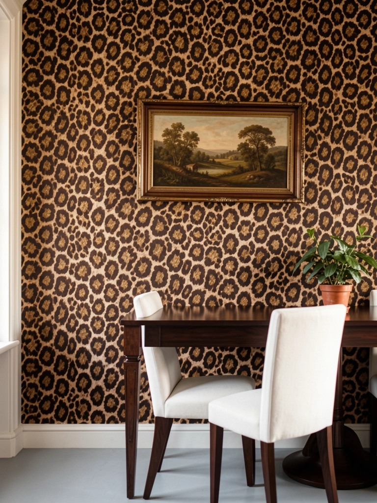 Parede inteira com papel de parede de oncinha marrom escuro e manchas douradas, quadro de paisagem vintage parcialmente encoberto, mesa de madeira escura com cadeira estofada branca e vaso de planta verde sob luz natural.