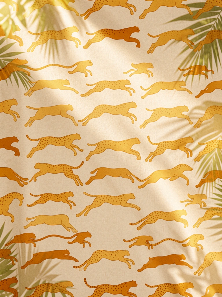 Padrão de chitas douradas em poses dinâmicas sobre fundo bege claro, com folhagem ao fundo e luz natural suave.