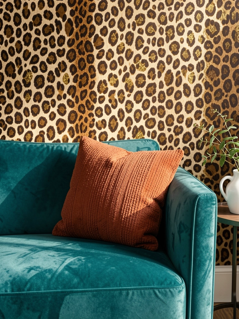 Sofá de veludo azul-petróleo com almofada terracota e papel de parede com estampa de leopardo, vaso branco e planta verde.