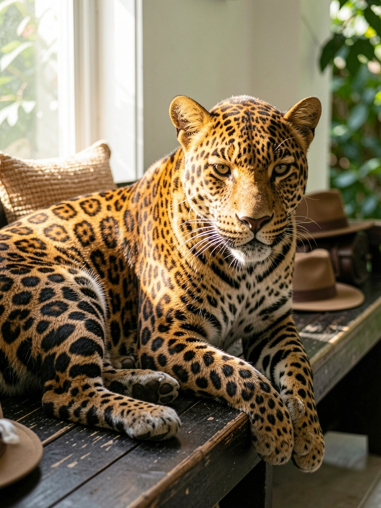 Leopardo majestoso sentado sobre banco de madeira escura em corredor iluminado por luz solar, com detalhes da pelagem dourada e manchas pretas, almofada de tecido e chapéu panamá ao fundo, folhagem verde desfocada.