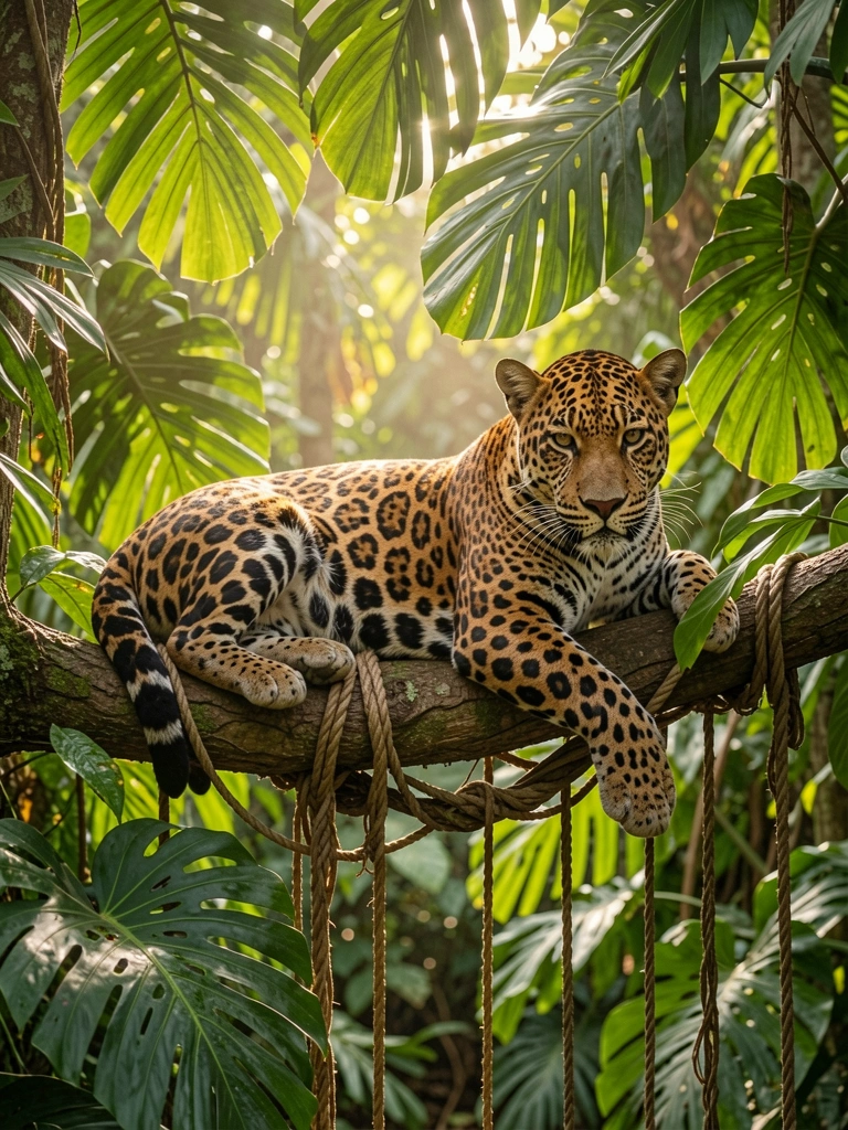 Onça-pintada deitada em galho grosso com folhas tropicais e corda natural, luz solar filtrada criando sombras na selva.