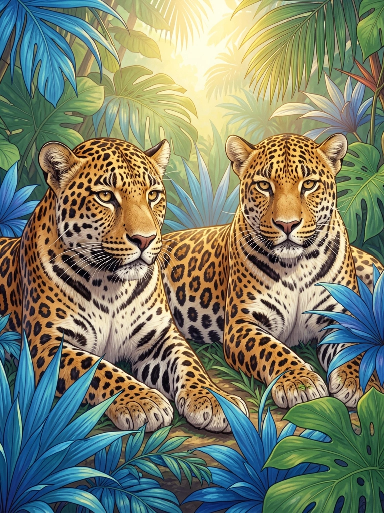 Dois leopardos majestosos deitados entre folhagens tropicais exuberantes, manchas detalhadas e textura realista do pelo sob luz natural quente.