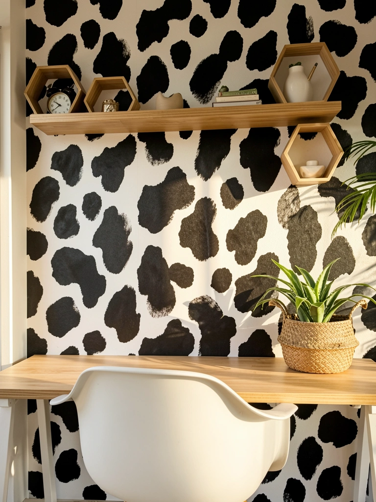 Papel de parede com estampa de vaca preto e branco cobre mesa e prateleiras com cesto de plantas e relógio, luz natural.