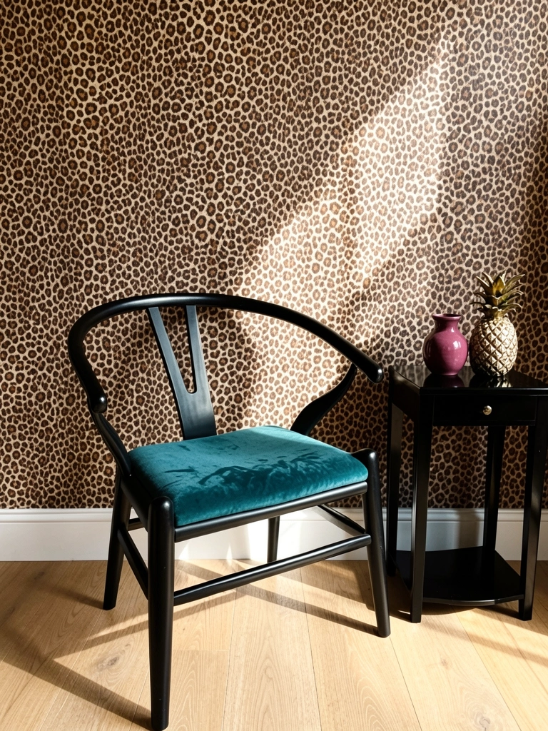 Cadeira wishbone preta com assento azul-petróleo, papel de parede com estampa de leopardo, vaso rosa-escuro e abacaxi decorativo sobre mesa preta, piso de madeira clara.