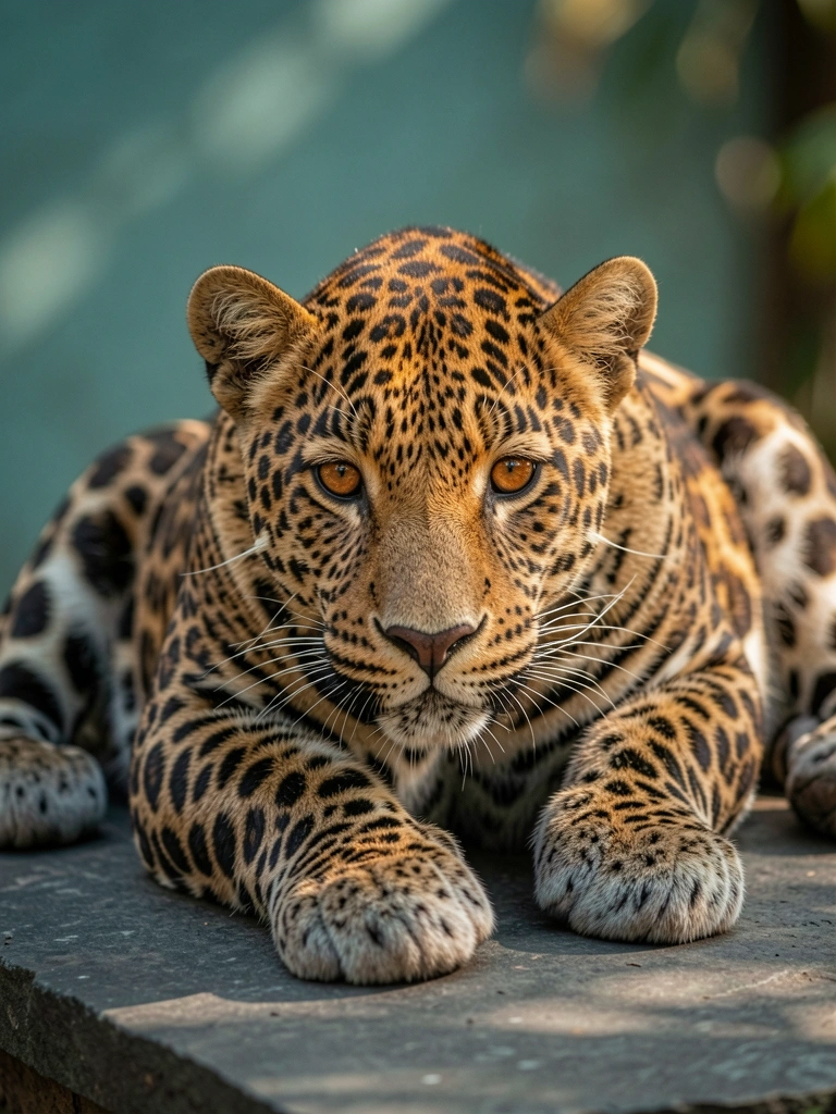 Olhos âmbar e manchas detalhadas de leopardo sobre pedra cinza-escura, fundo verde-azulado desfocado com luz solar difusa.