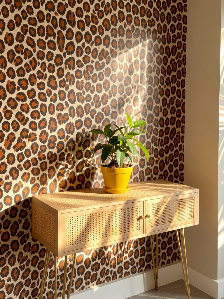 Papel de parede com estampa de leopardo em laranja e marrom, console de madeira clara com pés dourados e vaso amarelo com planta verde sob luz natural.