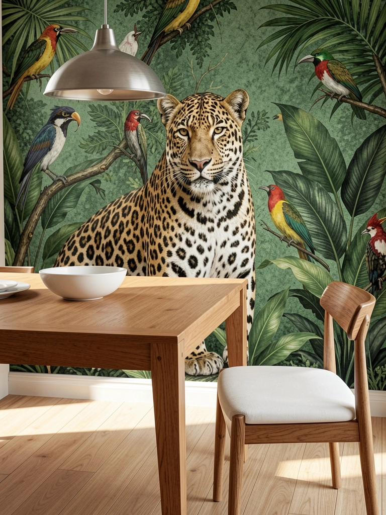 Close-up de mesa de madeira com parede de papel de parede verde texturizado com leopardo e aves tropicais, luminária pendente metálica, tigela de cerâmica branca e cadeira com assento estofado branco, luz natural.