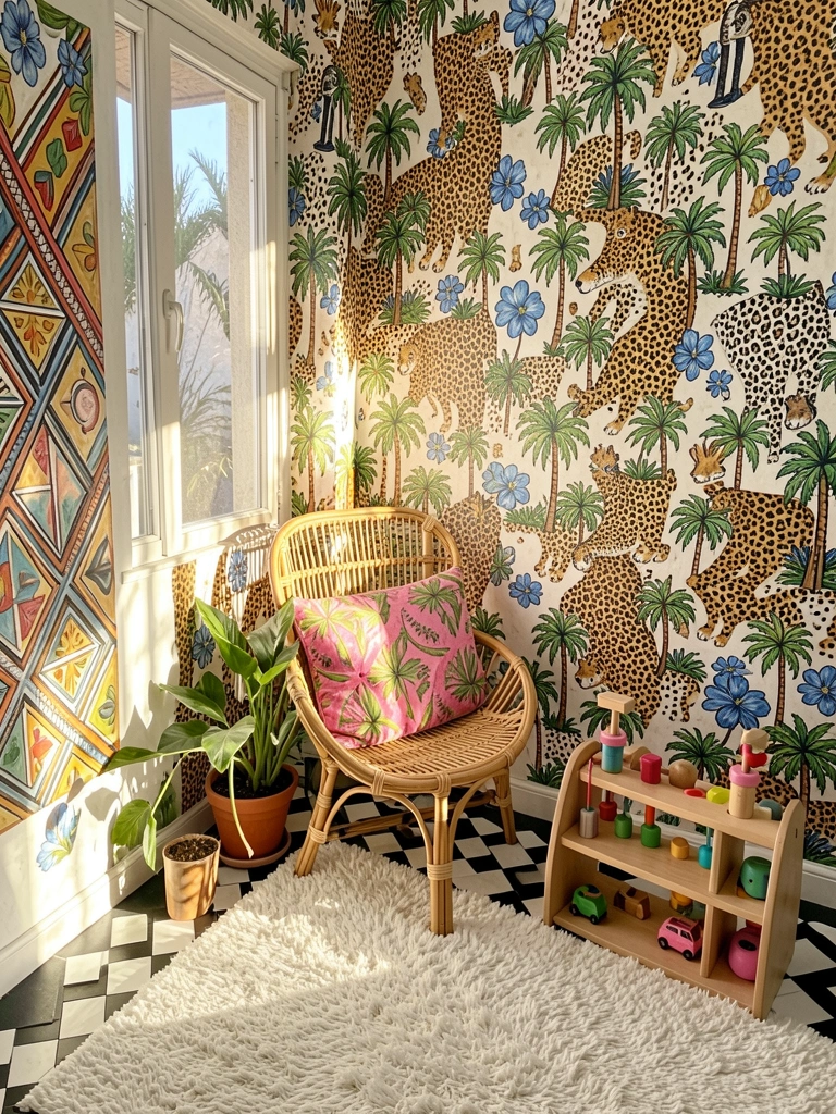 Luz natural incide sobre cadeira de rattan com almofada rosa e verde, brinquedos de madeira e papel de parede de onças e palmeiras.