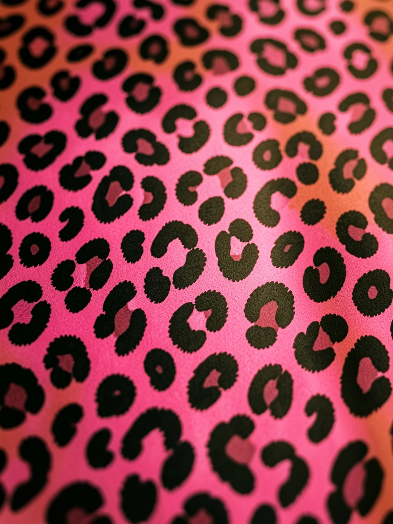 Padrão repetitivo de onças em pink e preto, com texturas sobrepostas e fundo terracota desfocado, sob luz natural suave.