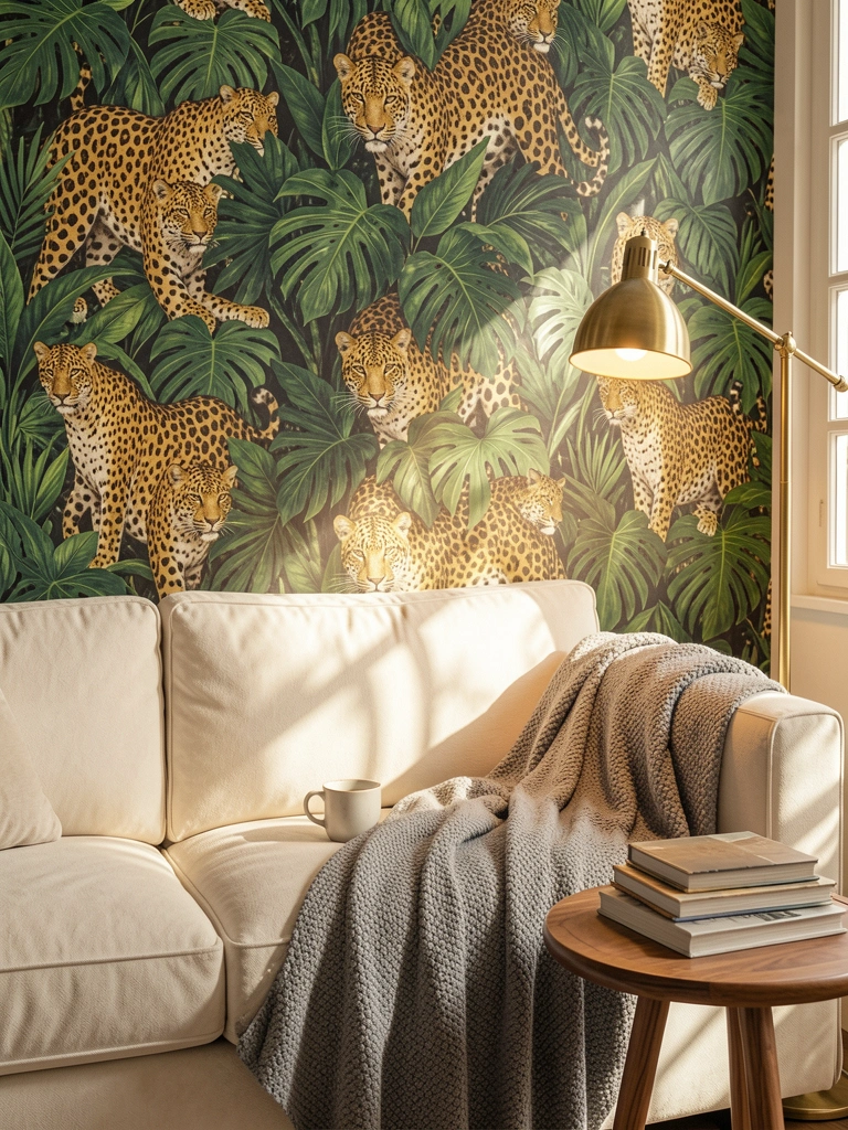Manta cinza texturizada sobre sofá creme, caneca de cerâmica e papel de parede com leopardos dourados em fundo tropical, luz solar filtrada.