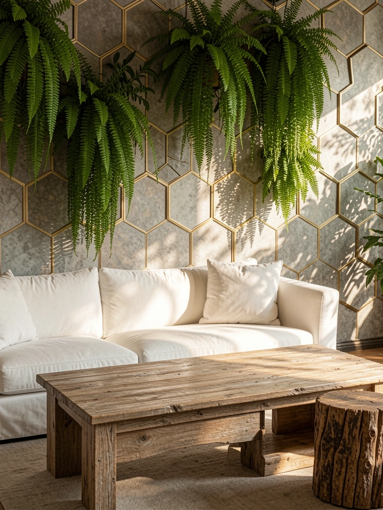 Parede hexagonal texturizada em cinza e dourado com samambaias pendentes, mesa de madeira rústica e sofá branco, luz natural filtrada.