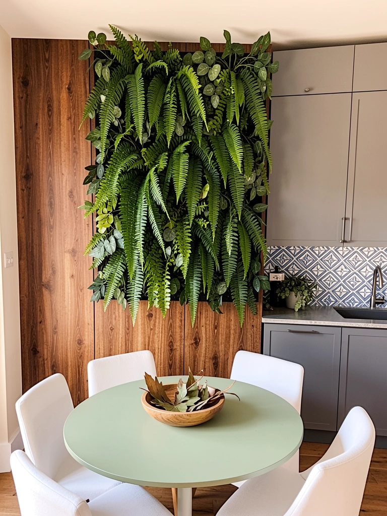 Parede verde de samambaias sobre painel de madeira texturizado ao lado de armário cinza e azulejos geométricos azuis e brancos na cozinha.