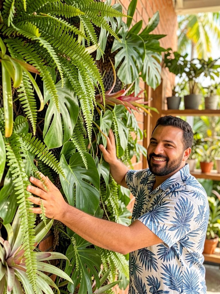 Homem sorrindo de braços abertos diante de parede de tijolos coberta por samambaias e filodendros, luz natural filtrada por folhas.