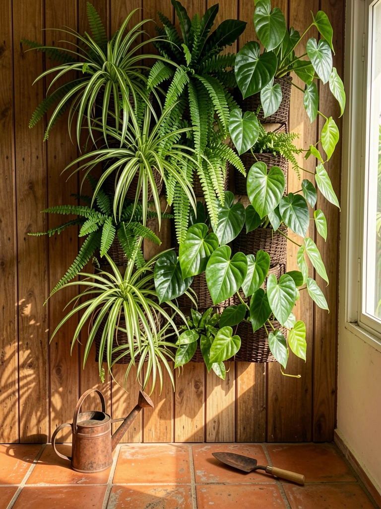 Prateleiras verticais de fibra escura com samambaias, filodendros e clorofitos pendentes sobre parede de madeira rústica, regador de cobre e pá no piso de terracota, luz natural com sombras suaves.
