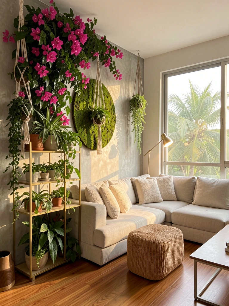Parede de concreto texturizado com buganvílias e cipreste pendentes, painel de musgo circular, prateleira dourada com plantas e sofá claro sob luz natural tropical.