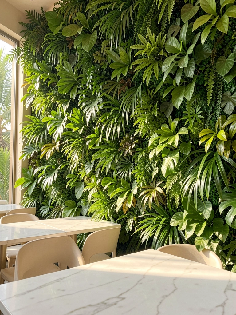 Parede inteira coberta por um jardim vertical denso, com folhas em vários tons de verde, mesas de mármore branco e cadeiras claras, sob luz natural suave.