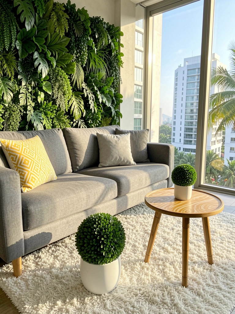 Sofá cinza com almofada geométrica amarela e branca, tapete felpudo branco, vaso com planta verde e parede de folhagens ao fundo, luz natural de janelões.