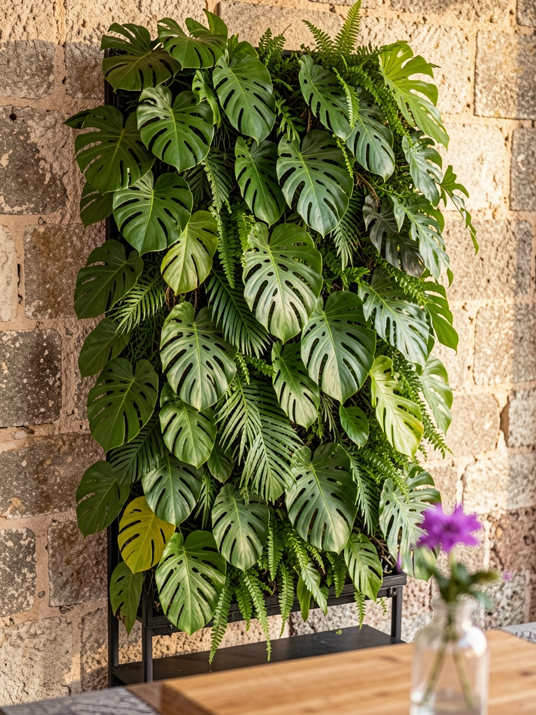Parede de folhas verdes densas de Monstera e Philodendron em suporte preto, contra pedra rústica, com vaso de flor roxa desfocado em primeiro plano.