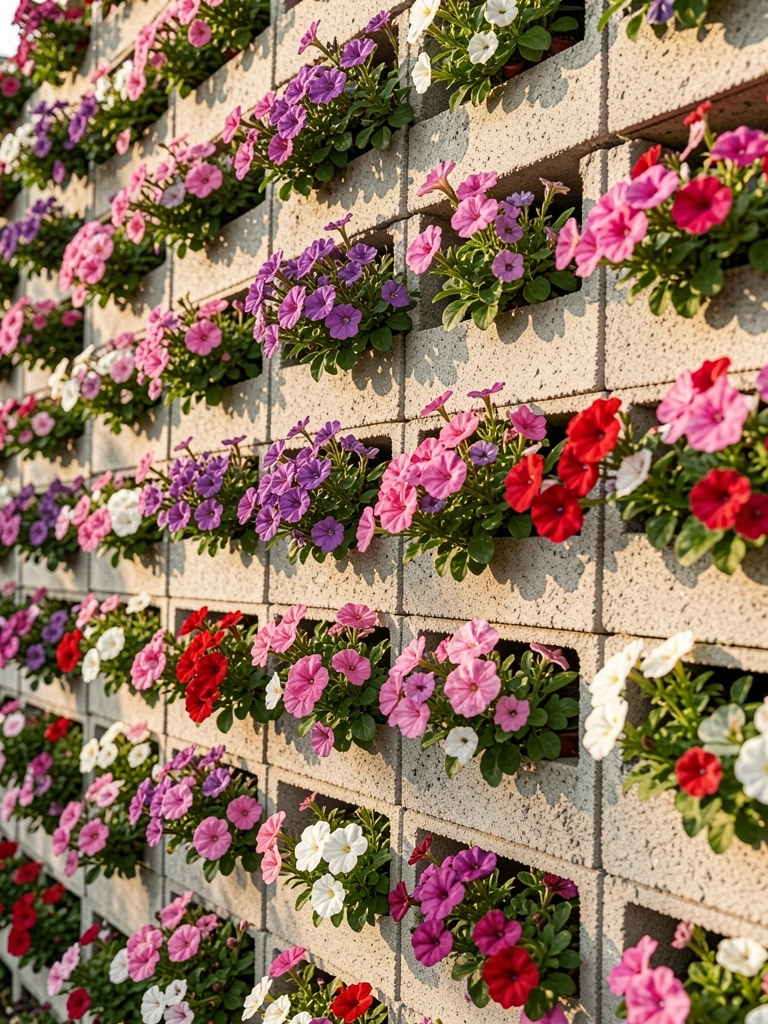 Parede vertical de blocos de concreto cinza claro com flores vibrantes em rosa, roxo, vermelho e branco, iluminada por luz natural e brisa suave.