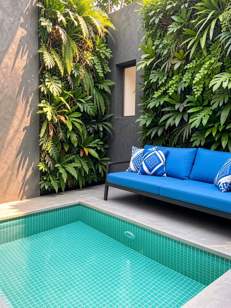 Piscina retangular com azulejos turquesa, sofá azul almofadado e parede verde vertical sob luz natural.