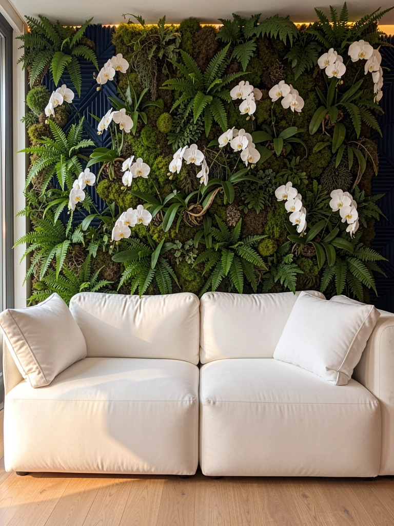 Sofá modular branco com almofadas fofas contra parede viva de samambaias, musgos e orquídeas brancas, painel acústico geométrico azul escuro atrás, chão de madeira, luz natural filtrada.