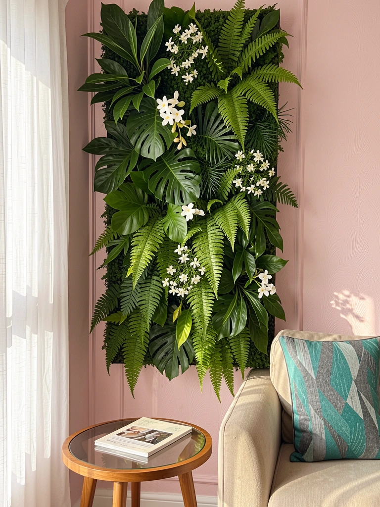Parede vertical verde com samambaias e flores brancas junto a sofá bege e mesa redonda de vidro, luz natural filtrada por cortina.