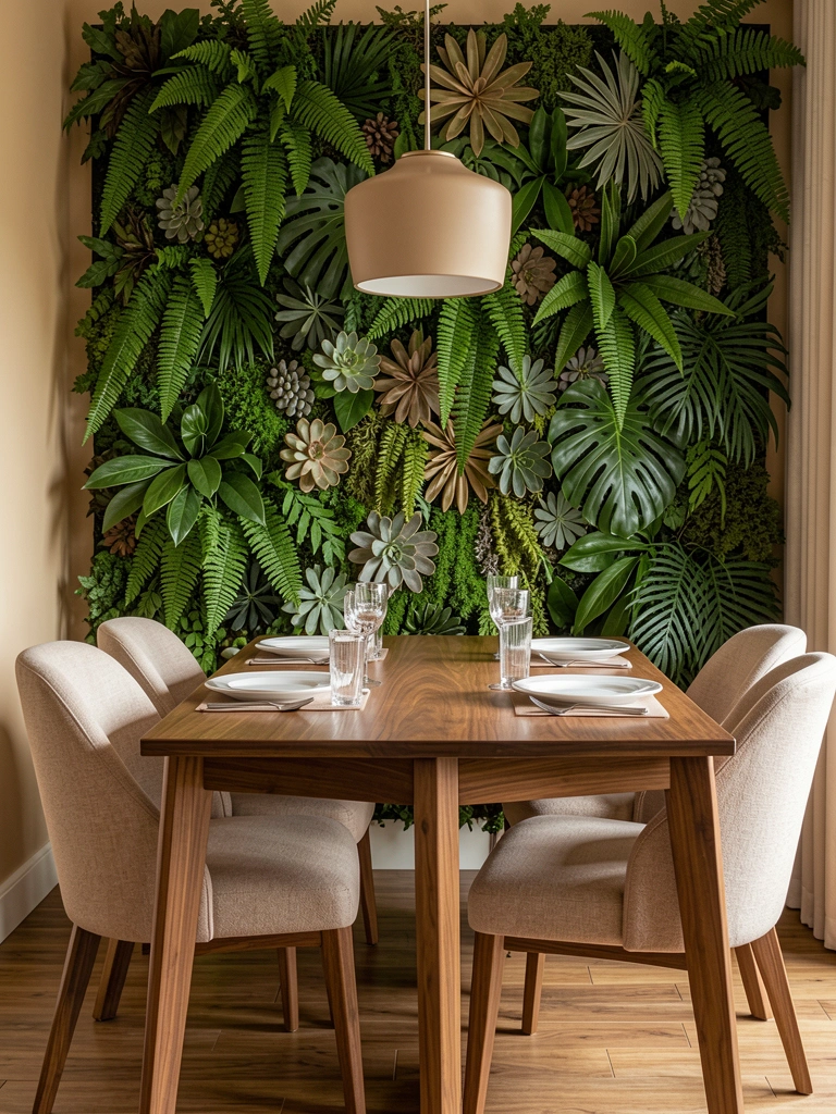 Pendente elegante sobre mesa de madeira com cadeiras estofadas, parede verde de plantas tropicais e piso de madeira, luz natural suave.