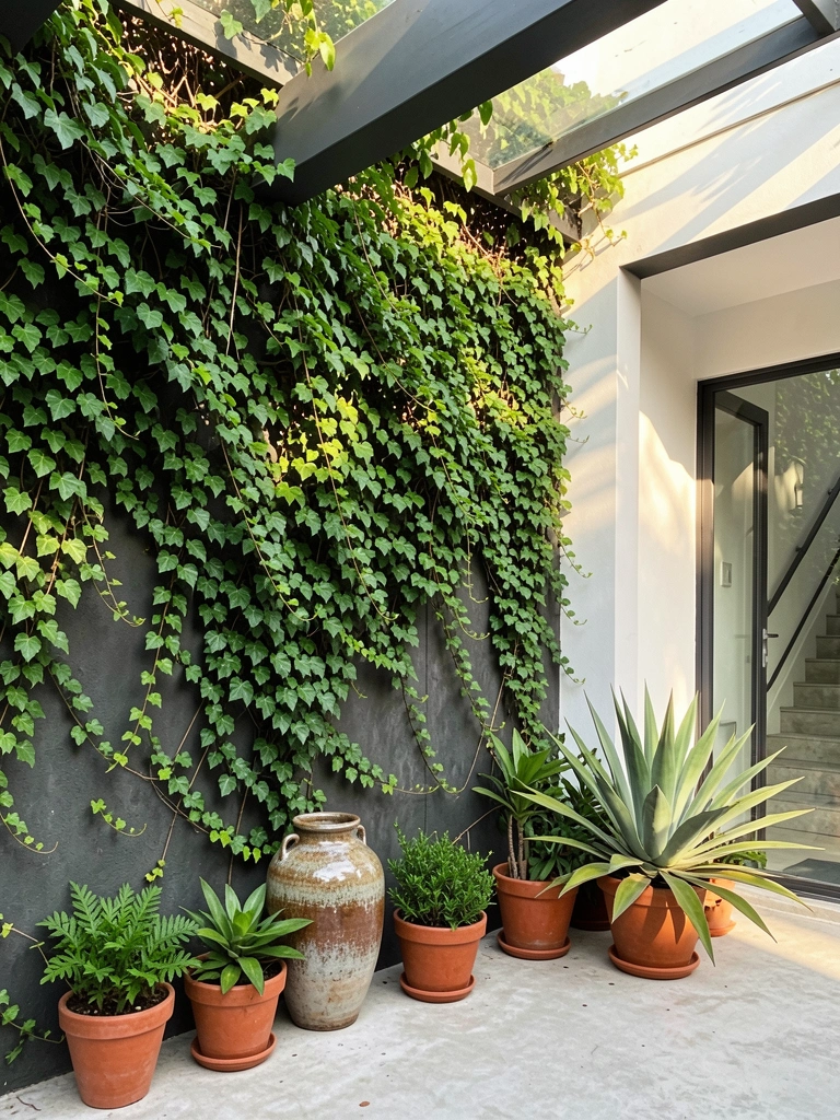 Parede de concreto cinza escuro coberta por hera densa, vasos de terracota com agave e plantas verdes em pátio claro, jarro cerâmico ao lado, porta de vidro e escada ao fundo sob luz natural.