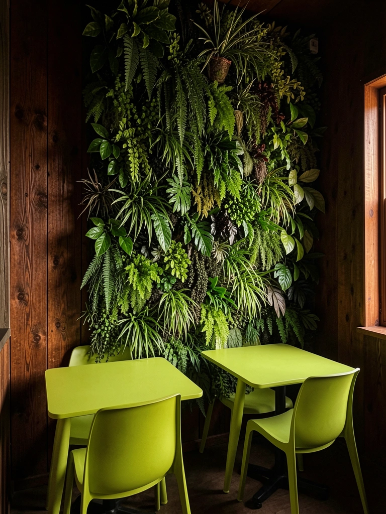 Parede de madeira escura com jardim vertical verde, mesinhas verdes e cadeiras de plástico, luz natural suave.