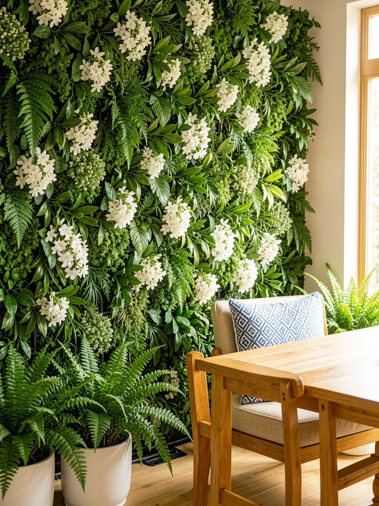 Parede verde com folhagem densa e flores brancas ao lado de mesa de madeira clara, cadeira com almofada azul e branca e samambaias em vasos brancos sob luz natural.