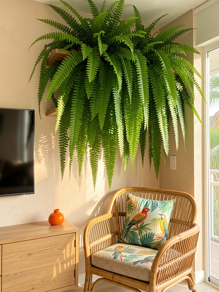 Parede de samambaias verdes em prateleira de madeira, poltrona de rattan com almofada estampada e TV ao fundo, luz natural.
