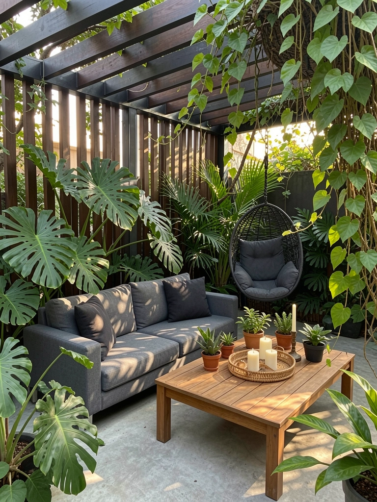 Samambaia, jiboia e hera emoldurando pátio de concreto com sofá cinza, mesa de madeira, cadeira suspensa e luz natural filtrada por pérgola de madeira escura.