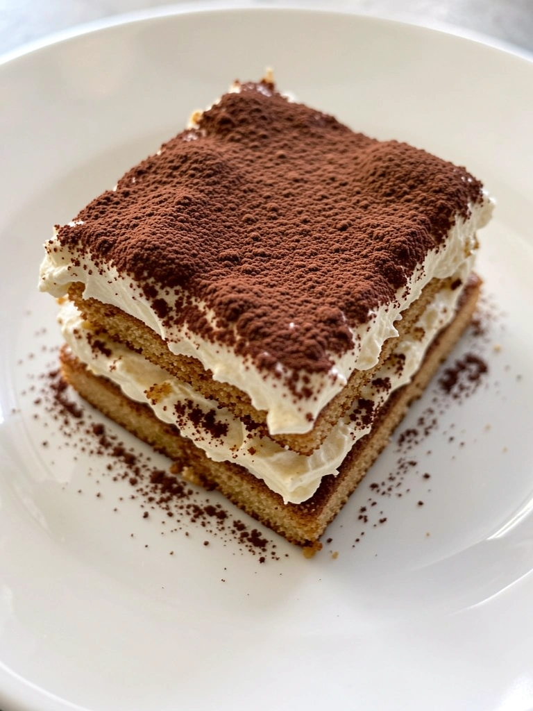 Tiramisu quadrado em prato branco, camadas de biscoito, mascarpone e cacau em pó com textura irregular e iluminação suave.