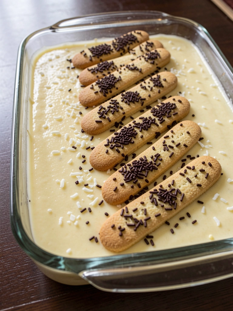 Travessa de vidro retangular com creme amarelo claro, biscoitos Tedeschini dourados cobertos de granulado de chocolate e raspas de chocolate branco, sobre mesa de madeira escura com luz natural suave.