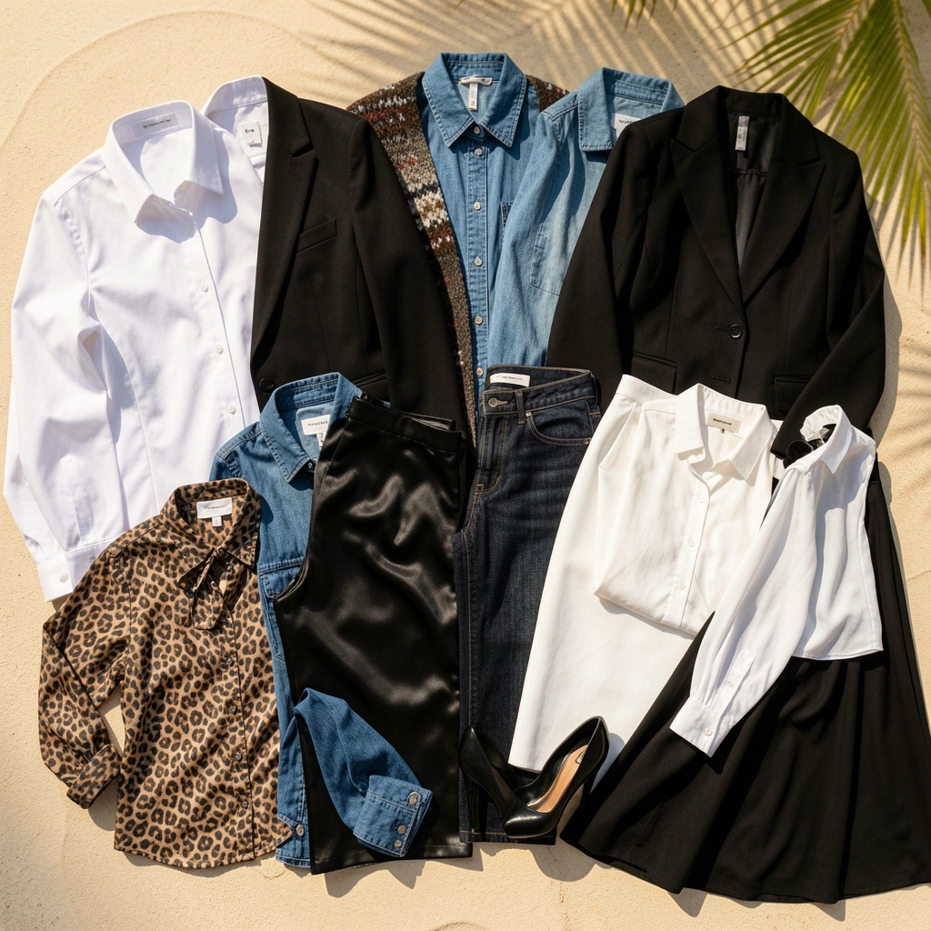 Camisa branca, blazer preto, cardigã estampado e jeans escuro em flat lay com luz natural e fundo arejado.
