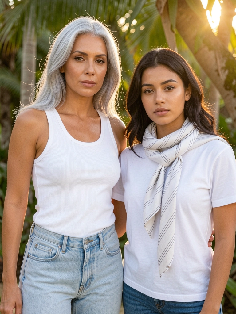 Mulher de cabelo prateado com regata branca e jeans claro ao lado de jovem de cabelo escuro com camiseta branca e cachecol listrado, luz natural quente e fundo ensolarado.