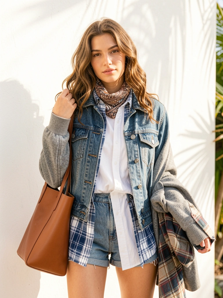 Jovem de cabelo castanho ondulado com jaqueta jeans, camisa xadrez azul e branca, cachecol estampado, shorts jeans e bolsa de couro marrom, contra parede branca iluminada por luz natural.