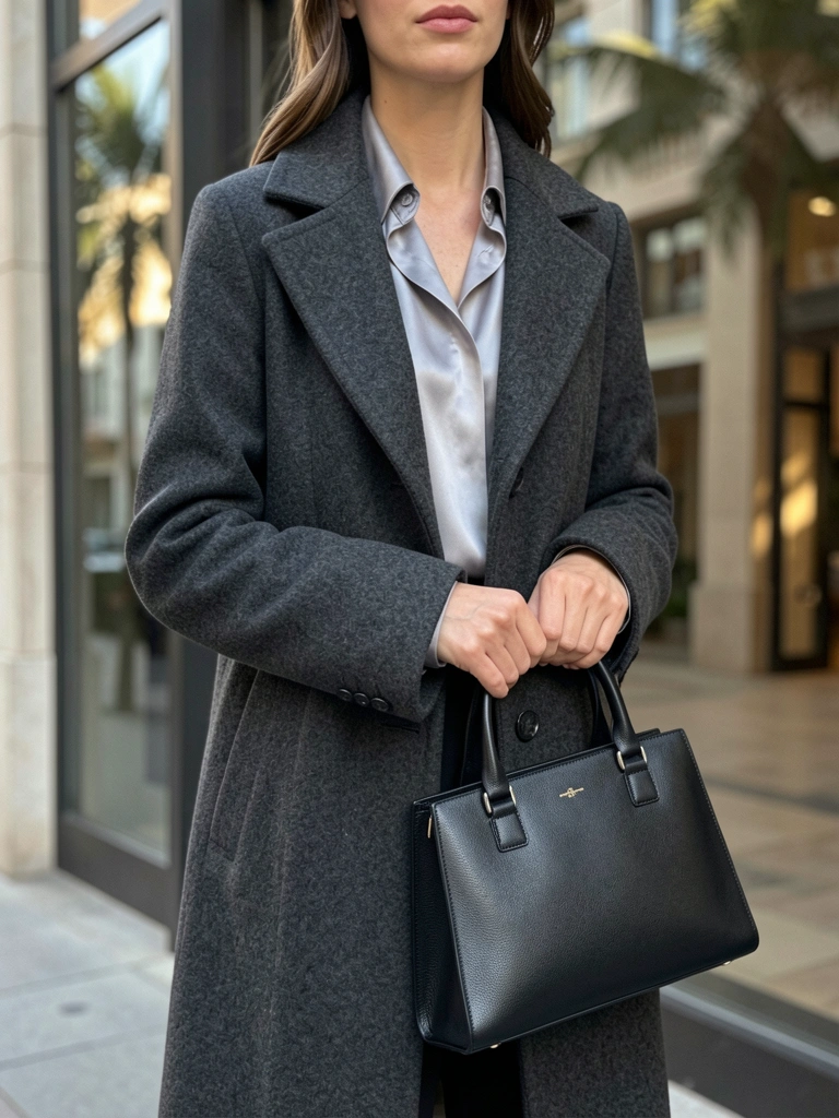 Mulher de casaco de lã cinza escuro e blusa de seda cinza claro segurando bolsa de couro preta, fundo urbano desfocado com luz suave de fim de tarde.