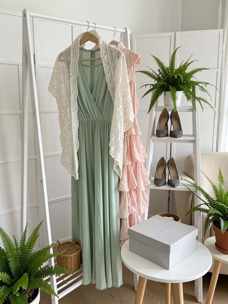 Vestido verde claro em cabideiro branco, parcialmente coberto por xale de renda; escada de madeira exibe sapatos cinza escuro; samambaias e luz difusa.