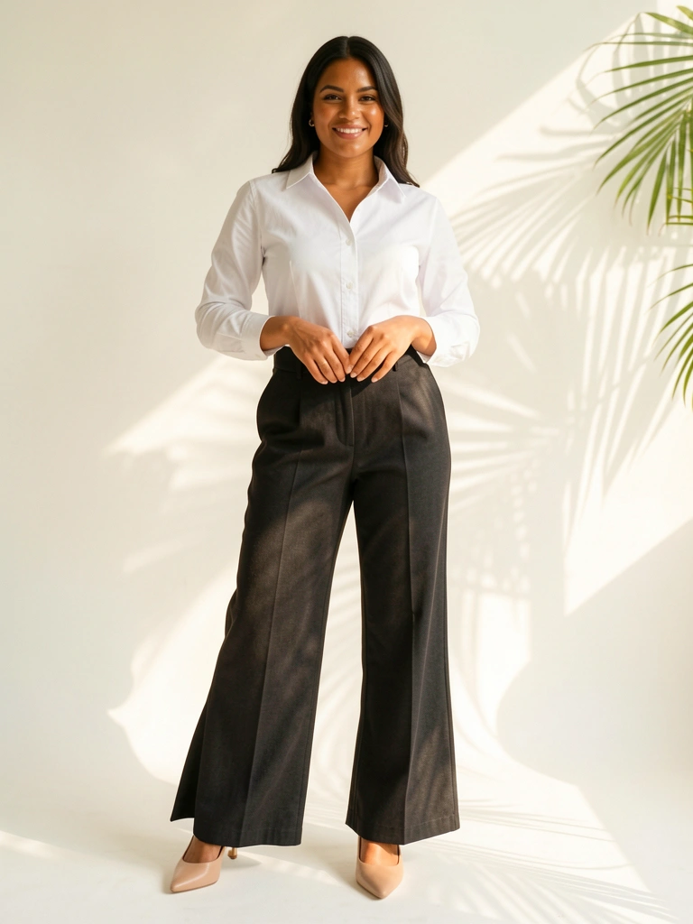 Camisa branca e calça preta de cintura alta em mulher confiante, sorriso genuíno, fundo neutro e luz natural.
