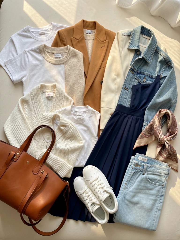 Camadas de roupas neutras: blazer camel, suéter bege, jeans claro e bolsa de couro marrom sobre superfície clara com luz natural.