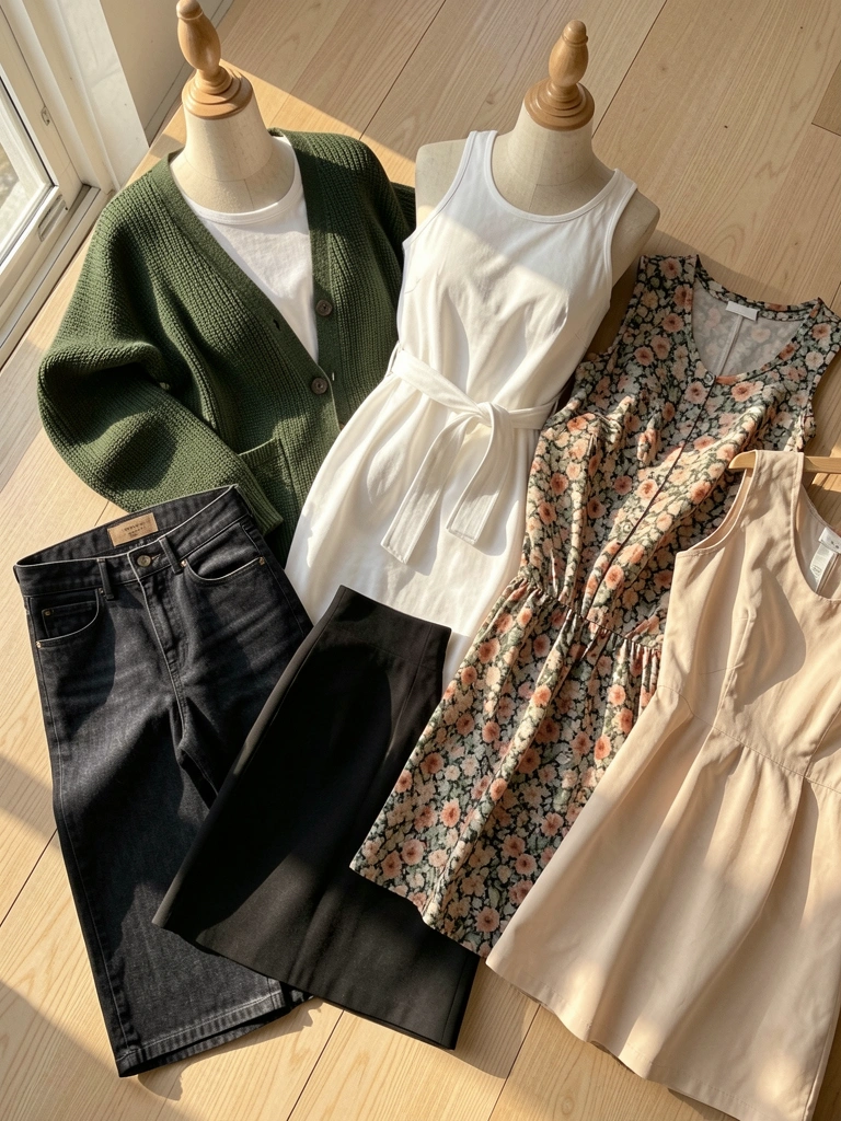 Luz natural incide sobre manequins com jeans, cardigã verde e vestidos em superfície de madeira clara, tecidos esvoaçantes criam sombras suaves.