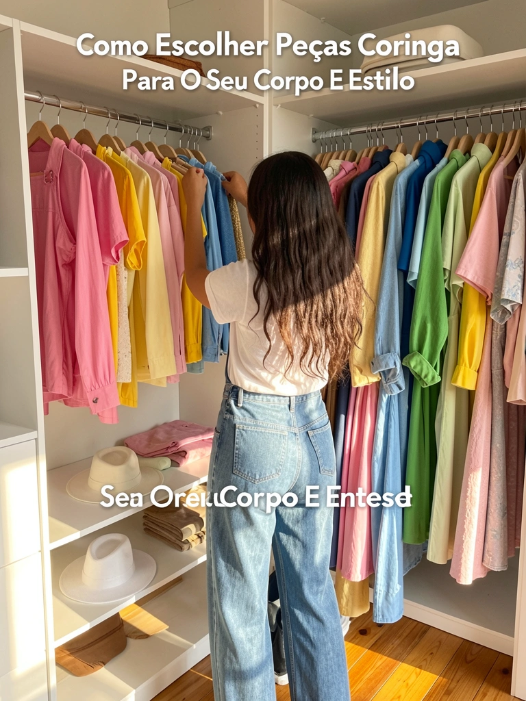 Jovem de costas arrumando roupas coloridas em prateleira branca de closet, chapéu branco na prateleira inferior, chão de madeira e luz natural.