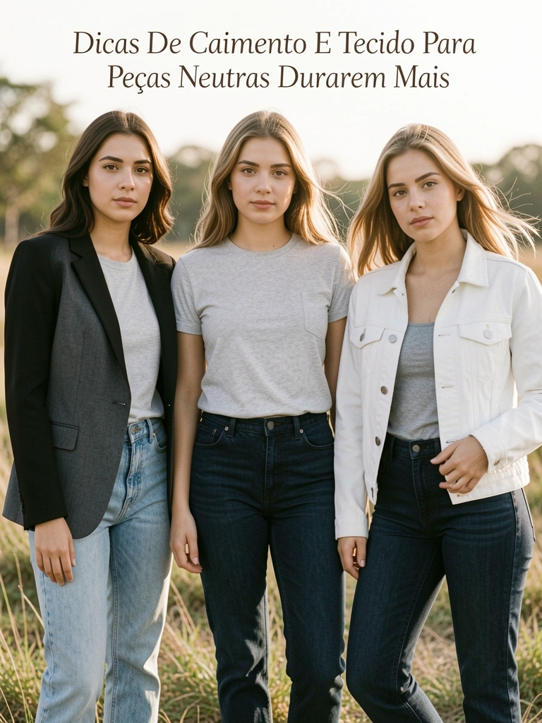 Três mulheres em jaqueta jeans, blazer cinza e camiseta clara, em pose natural com luz diurna suave.