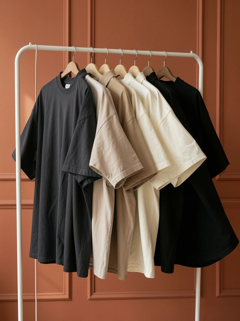 Camisetas e camisas largas em carvão, bege, creme e preto penduradas em cabideiro branco fino, parede terracota com painéis e luz natural difusa.