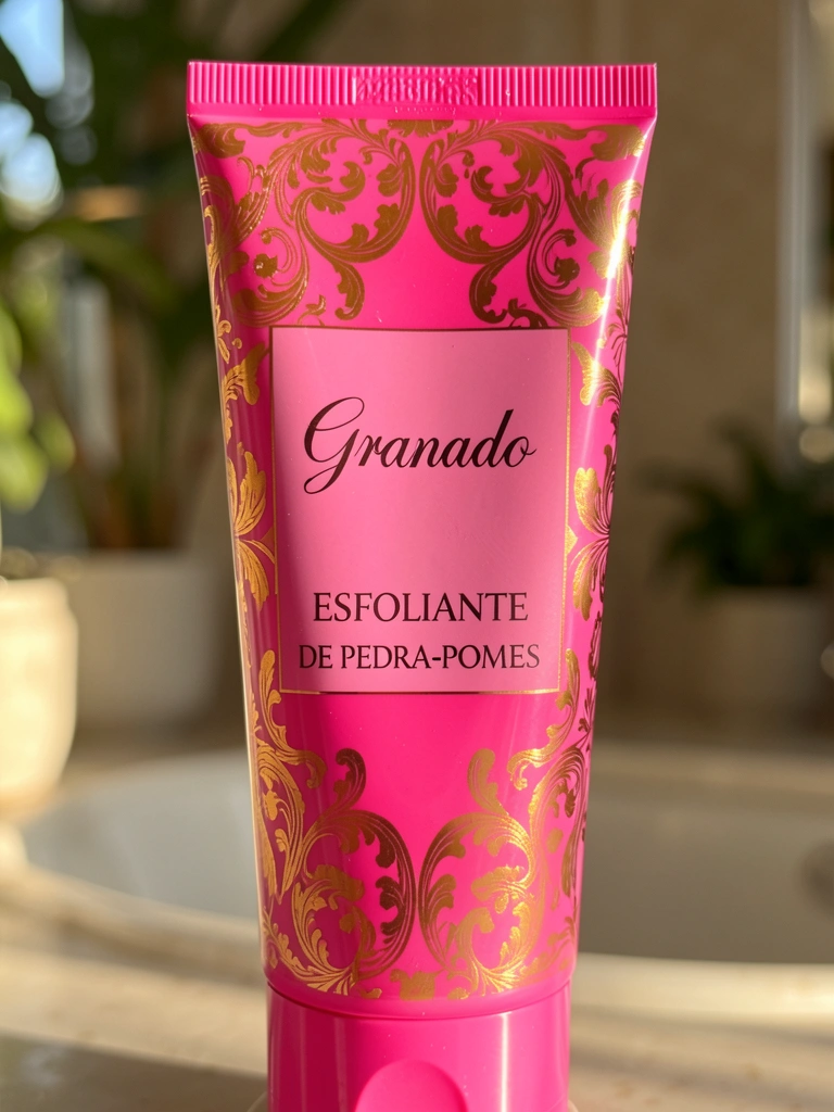 Tubo rosa vibrante de creme esfoliante Granado com detalhes dourados e florais, luz natural suave refletindo na superfície brilhante.