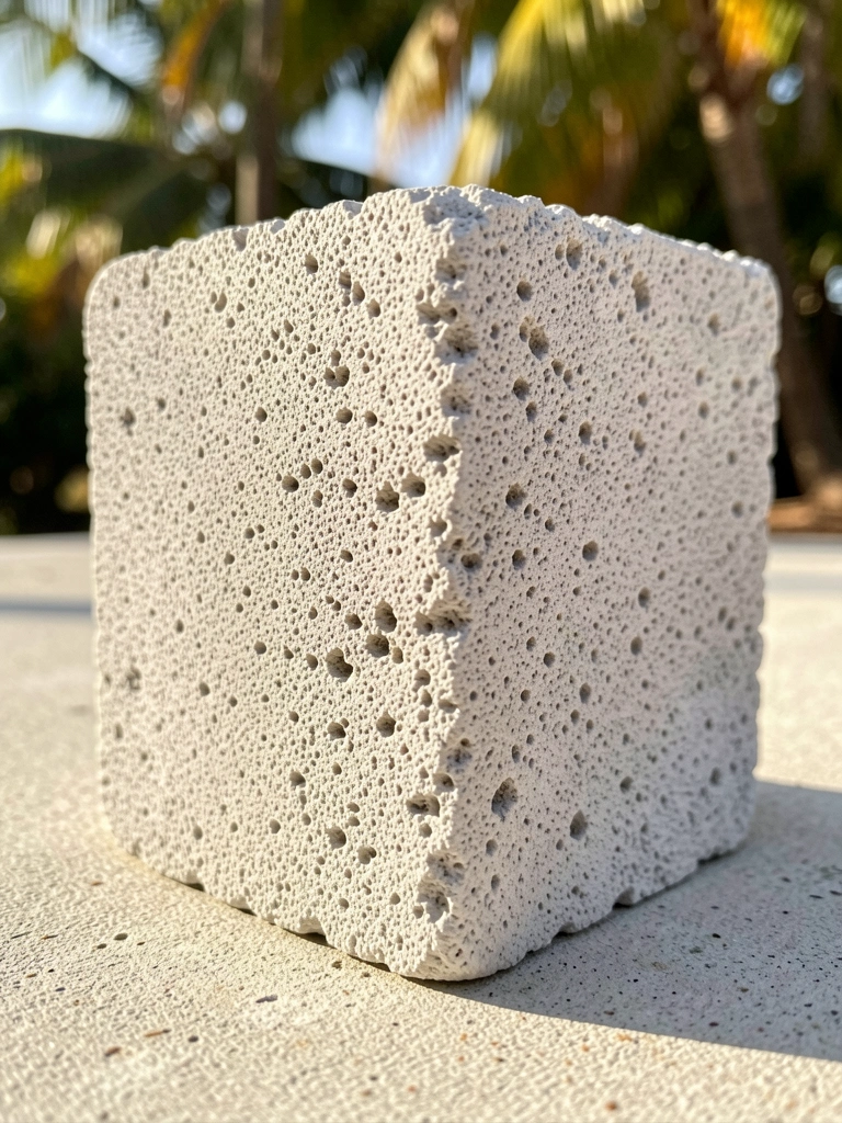 Pedra-pomes retangular sobre superfície de concreto clara, textura porosa e tons de cinza claro, iluminada por luz natural que realça os pequenos orifícios e bordas irregulares.