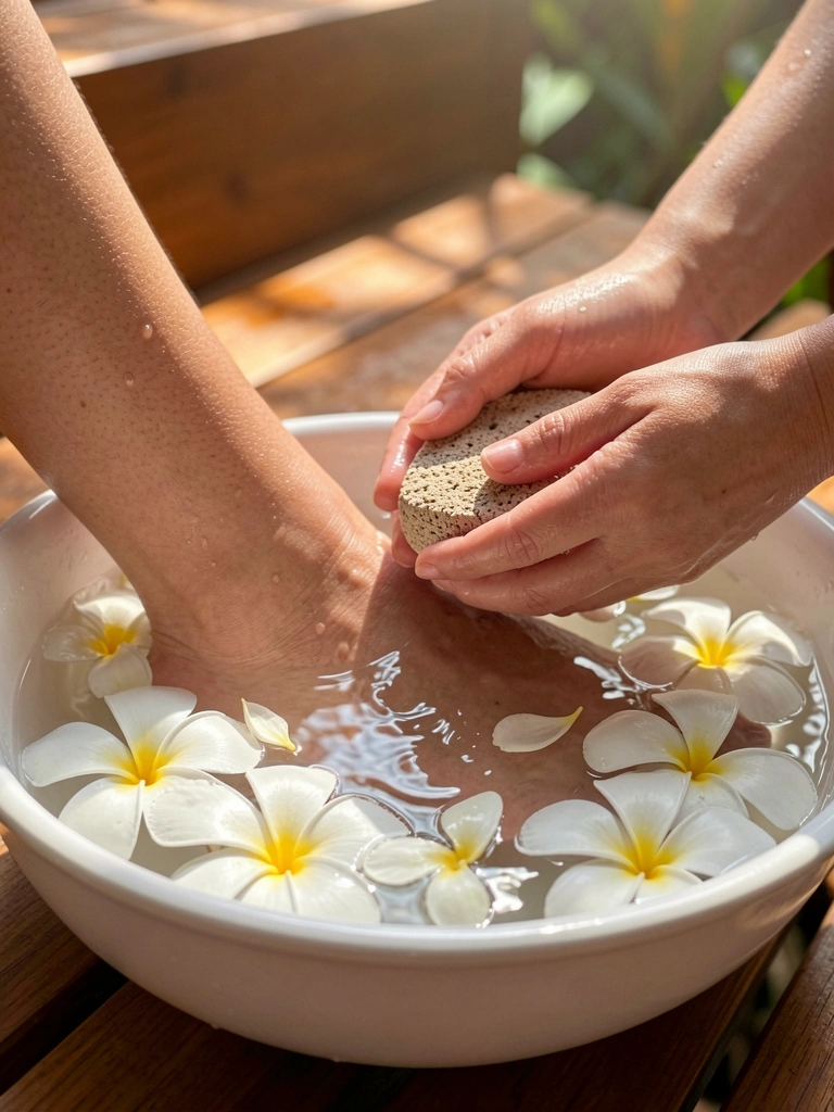 Mão feminina segura pedra-pomes sobre bacia de porcelana branca com água e flores de frangipani, luz solar refletindo na água.
