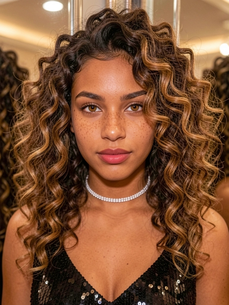 Jovem de cabelos cacheados volumosos com luzes caramelo, pele morena com sardas, vestido preto de lantejoulas e colar de diamante, fundo com bokeh e superfície refletiva.
