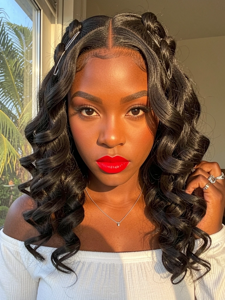 Jovem negra com batom vermelho intenso, cabelo semi-preso com grampos e brincos de prata, luz natural de janela.